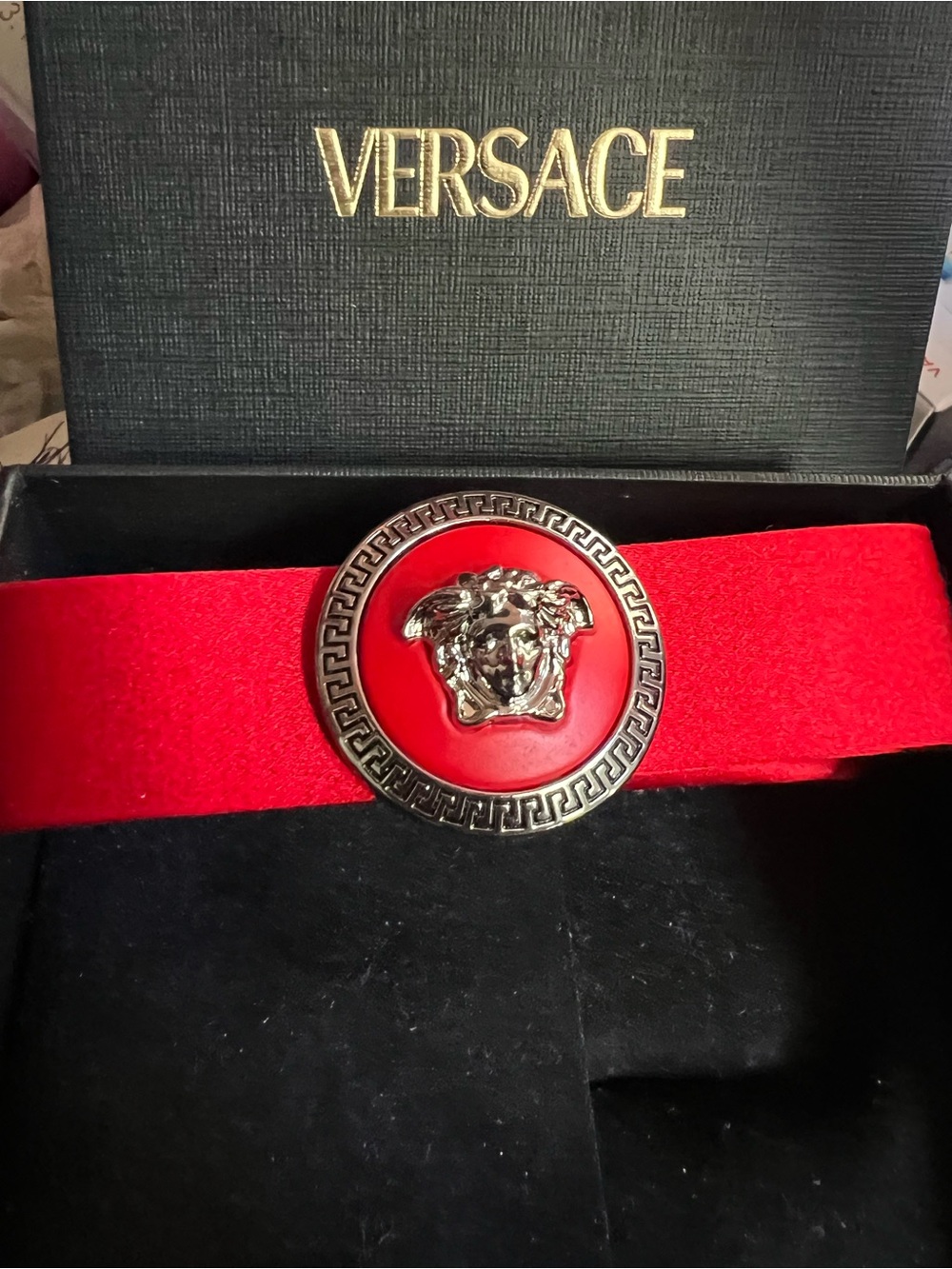 Versace Red Satin Hairclip with Silver Medusa Emblem